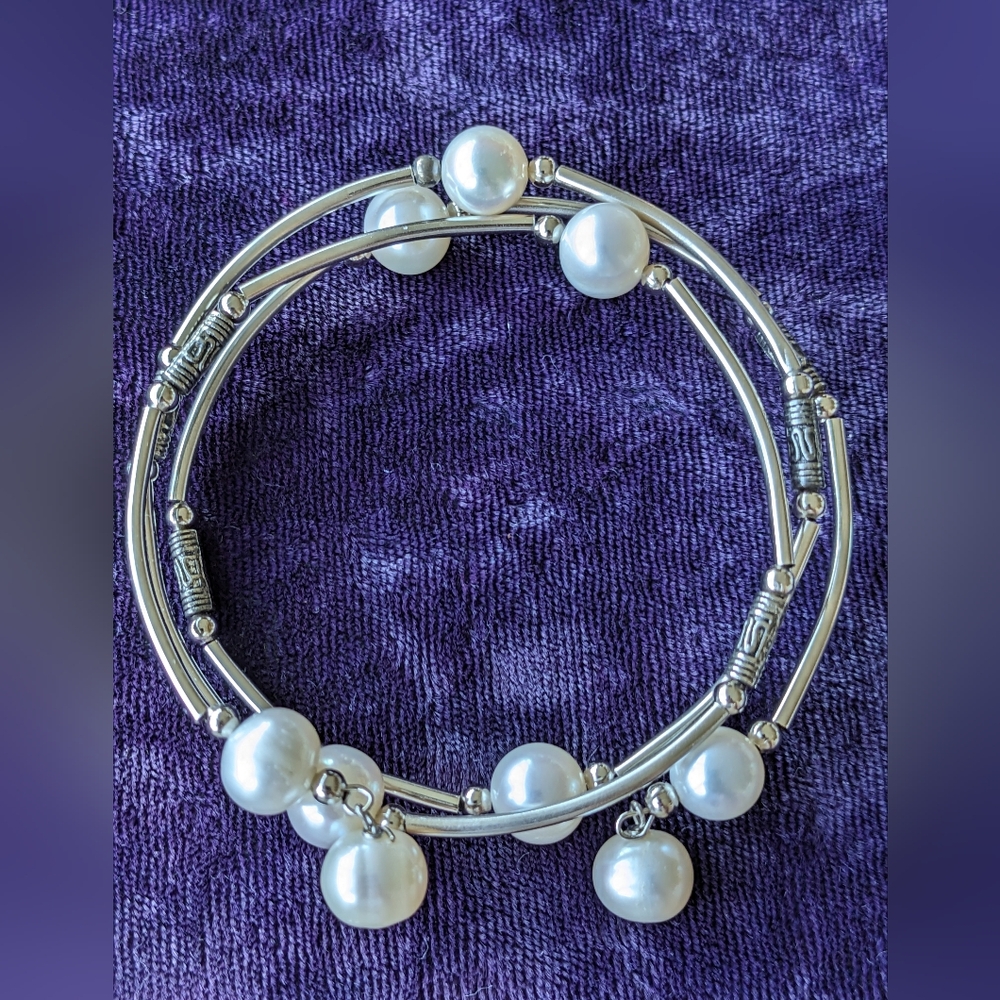 Liquid Silver Wrap Bracelet With Natural Pearls, Free Size